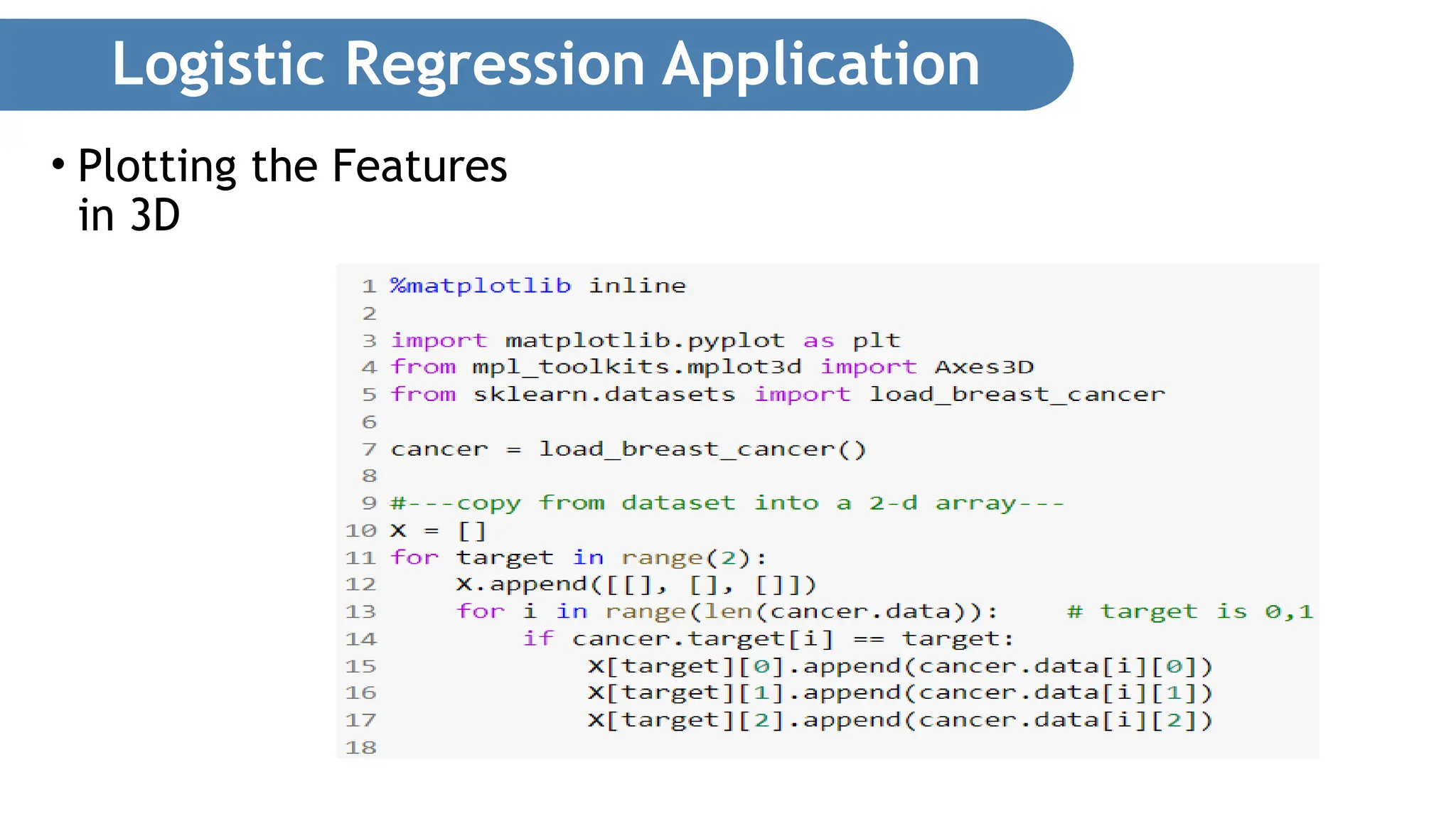 Logistic Regression Application • Plotting the Features in 3D 