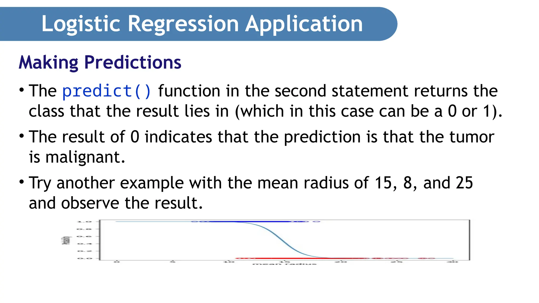 Logistic Regression Application • The predict() function in the second statement returns the class that the result lies in (which in this case can be a 0 or 1). • The result of 0 indicates that the prediction is that the tumor is malignant. • Try another example with the mean radius of 15, 8, and 25 and observe the result. Making Predictions 