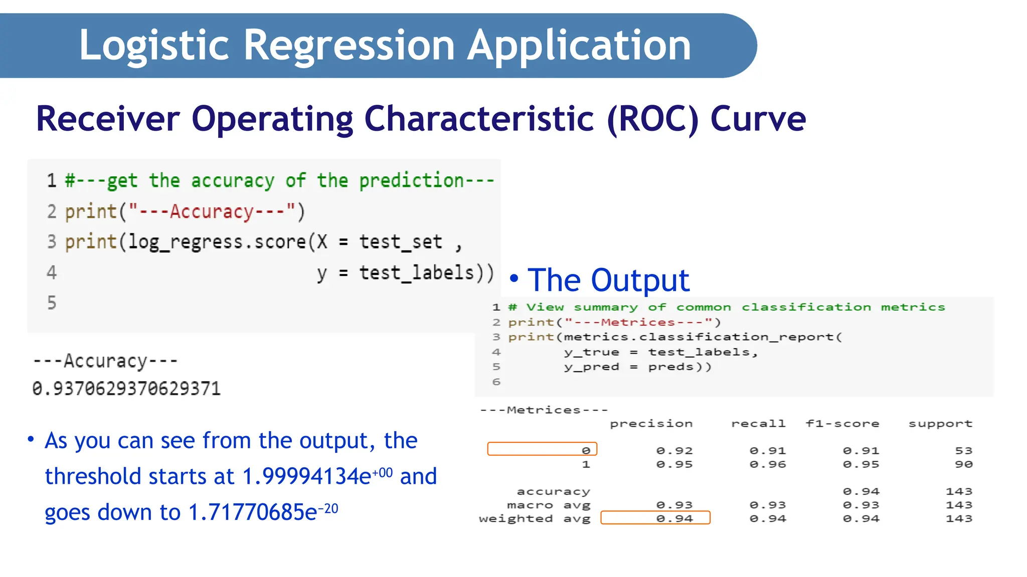Logistic Regression Application • The Output Receiver Operating Characteristic (ROC) Curve • As you can see from the output, the threshold starts at 1.99994134e+00 and goes down to 1.71770685e−20 