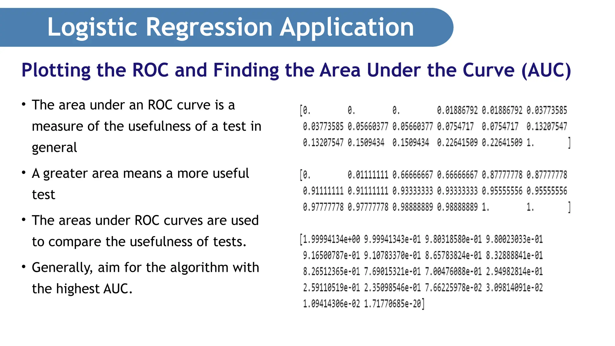 Logistic Regression Application • The area under an ROC curve is a measure of the usefulness of a test in general • A greater area means a more useful test • The areas under ROC curves are used to compare the usefulness of tests. • Generally, aim for the algorithm with the highest AUC. Plotting the ROC and Finding the Area Under the Curve (AUC) 