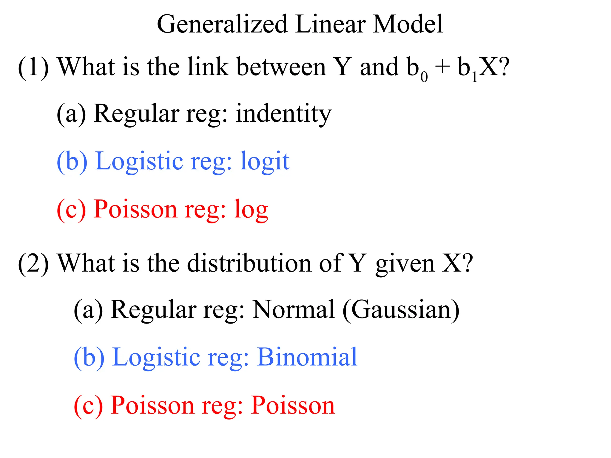 Generalized Linear Model
(1) What is the link between Y and b0 + b1X?
(2) What is the distribution of Y given X?
(a) Regular reg: indentity
(b) Logistic reg: logit
(c) Poisson reg: log
(a) Regular reg: Normal (Gaussian)
(b) Logistic reg: Binomial
(c) Poisson reg: Poisson
 