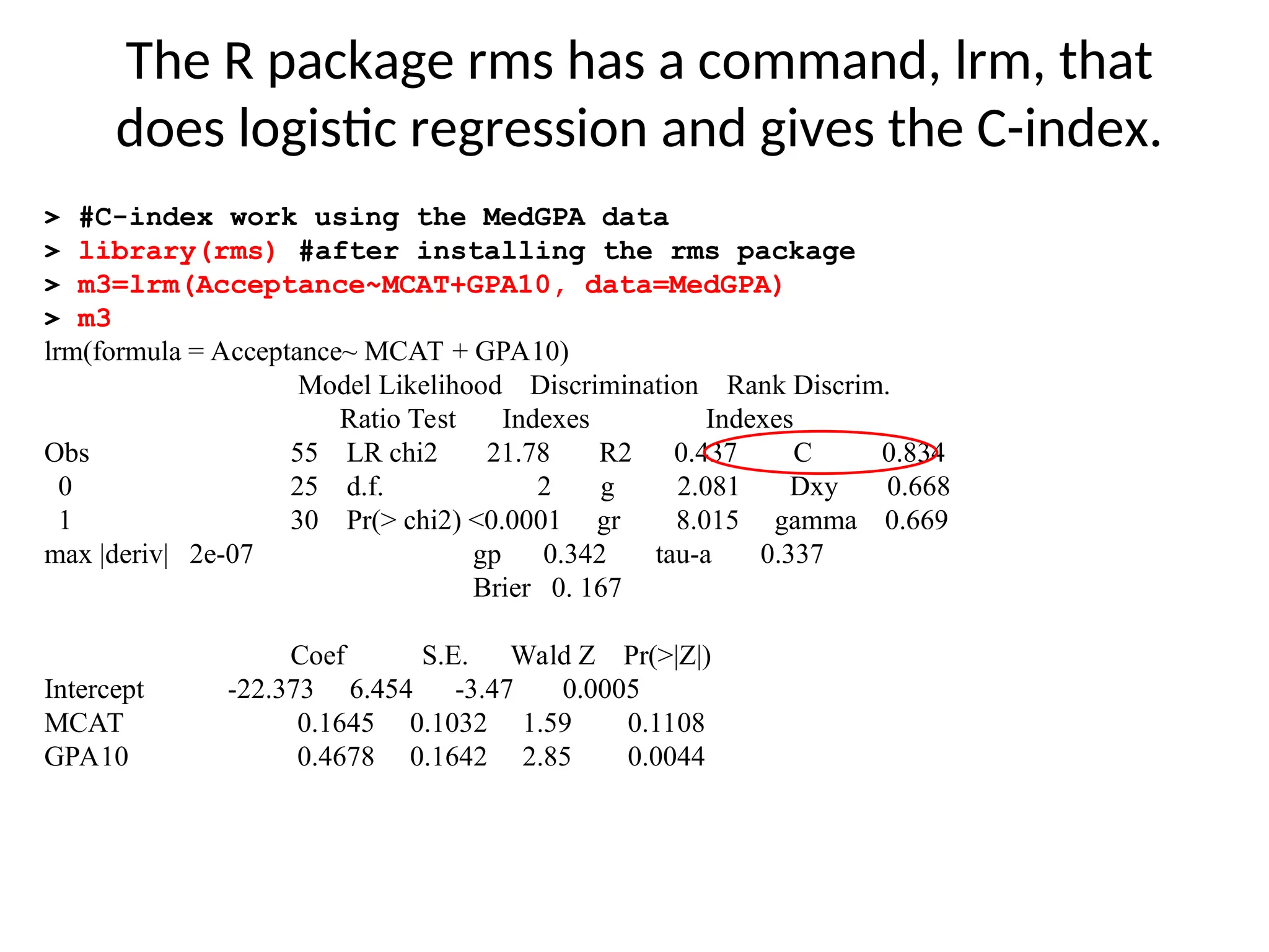 > #C-index work using the MedGPA data
> library(rms) #after installing the rms package
> m3=lrm(Acceptance~MCAT+GPA10, data=MedGPA)
> m3
lrm(formula = Acceptance~ MCAT + GPA10)
Model Likelihood Discrimination Rank Discrim.
Ratio Test Indexes Indexes
Obs 55 LR chi2 21.78 R2 0.437 C 0.834
0 25 d.f. 2 g 2.081 Dxy 0.668
1 30 Pr(> chi2) <0.0001 gr 8.015 gamma 0.669
max |deriv| 2e-07 gp 0.342 tau-a 0.337
Brier 0. 167
Coef S.E. Wald Z Pr(>|Z|)
Intercept -22.373 6.454 -3.47 0.0005
MCAT 0.1645 0.1032 1.59 0.1108
GPA10 0.4678 0.1642 2.85 0.0044
The R package rms has a command, lrm, that
does logistic regression and gives the C-index.
 