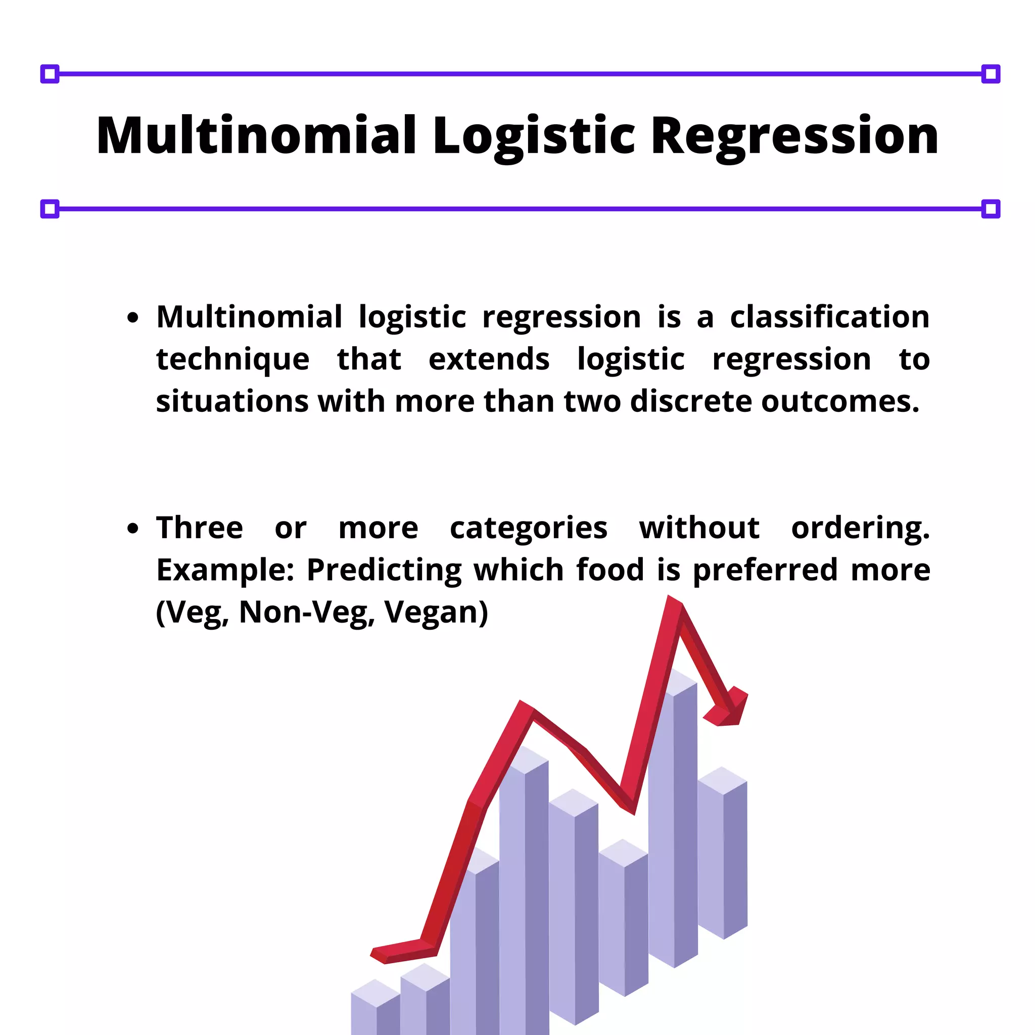 Multinomial logistic regression is a classification
technique that extends logistic regression to
situations with more than two discrete outcomes.
Three or more categories without ordering.
Example: Predicting which food is preferred more
(Veg, Non-Veg, Vegan)
Multinomial Logistic Regression