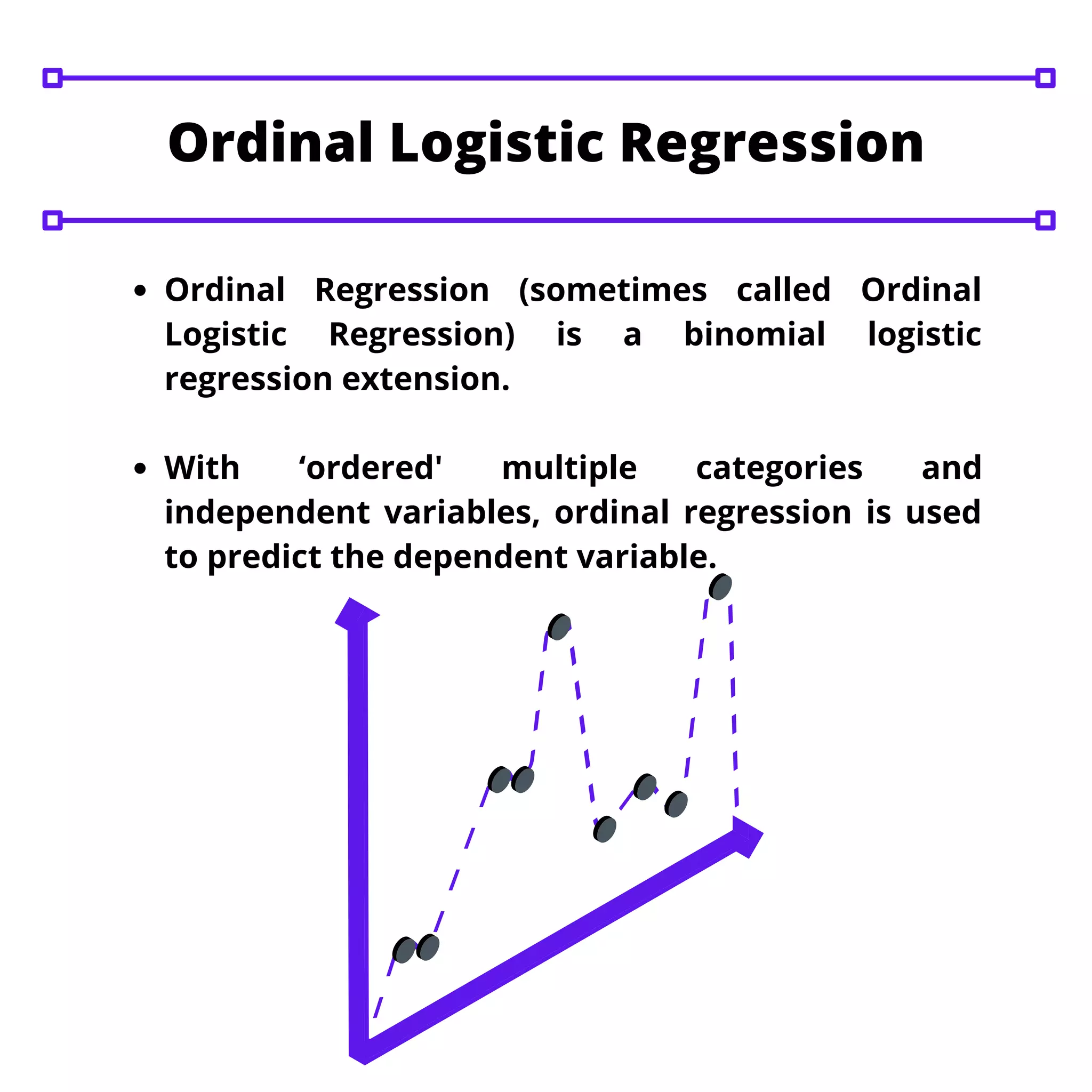 Ordinal Regression (sometimes called Ordinal
Logistic Regression) is a binomial logistic
regression extension.
With ‘ordered' multiple categories and
independent variables, ordinal regression is used
to predict the dependent variable.
Ordinal Logistic Regression