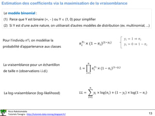 Ricco Rakotomalala
Tutoriels Tanagra - http://tutoriels-data-mining.blogspot.fr/ 13
Estimation des coefficients via la maximisation de la vraisemblance
Le modèle binomial :
(1) Parce que Y est binaire {+, - } ou Y  {1, 0} pour simplifier
(2) Si Y est d’une autre nature, on utiliserait d’autres modèles de distribution (ex. multinomial, …)
Pour l’individu n°i, on modélise la
probabilité d’appartenance aux classes
𝜋𝑖
𝑦𝑖
× (1 − 𝜋𝑖)(1−𝑦𝑖)
𝑦𝑖 = 1 ⇒ 𝜋𝑖
𝑦𝑖 = 0 ⇒ 1 − 𝜋𝑖
La vraisemblance pour un échantillon
de taille n (observations i.i.d.)
𝐿 = ෑ
𝑖=1
𝑛
𝜋𝑖
𝑦𝑖
× (1 − 𝜋𝑖)(1−𝑦𝑖)
La log-vraisemblance (log-likelihood) 𝐿𝐿 = ෍
𝑖=1
𝑛
𝑦𝑖 × log 𝜋𝑖 + 1 − 𝑦𝑖 × log 1 − 𝜋𝑖
 