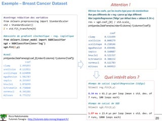 Ricco Rakotomalala
Tutoriels Tanagra - http://tutoriels-data-mining.blogspot.fr/ 20
Exemple – Breast Cancer Dataset
#centrage réduction des variables
from sklearn.preprocessing import StandardScaler
std = StandardScaler()
Z = std.fit_transform(X)
#descente de gradient stochastique - reg. logistique
from sklearn.linear_model import SGDClassifier
sgd = SGDClassifier(loss='log')
sgd.fit(Z,y)
#coef.
print(pandas.DataFrame(sgd.coef_[0],index=D.columns[:-1],columns=["coef"]))
coef
clump 1.495493
ucellsize 0.122822
ucellshape 0.624090
mgadhesion 1.982787
sepics 0.355997
bnuclei 1.876699
bchromatin 0.750848
normnucl 0.341101
mitoses 0.771152
Attention !
#diviser les coefs. par les écarts-type pour dé-standardiser
#un peu différents de « reg » parce qu'algo différent
#de LogisticRegression ('lbfgs' par défaut dans « sklearn 0.24 »)
res = sgd.coef_[0] / std.scale_
print(pandas.DataFrame(res,index=D.columns[:-1],columns=["coef"]))
coef
clump 0.531499
ucellsize 0.040279
ucellshape 0.210146
mgadhesion 0.694901
sepics 0.160887
bnuclei 0.521317
bchromatin 0.308152
normnucl 0.111783
mitoses 0.449953
Quel intérêt alors ?
#temps de calcul LogistiRegression (lbfgs)
%timeit reg.fit(X,y)
8.34 ms ± 61.2 µs per loop (mean ± std. dev. of
7 runs, 100 loops each)
#temps de calcul de SGD
%timeit sgd.fit(Z,y)
1.97 ms ± 23.4 µs per loop (mean ± std. dev. of
7 runs, 1000 loops each)
 