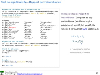 Ricco Rakotomalala
Tutoriels Tanagra - http://tutoriels-data-mining.blogspot.fr/ 25
Test de significativité – Rapport de vraisemblance
Principe du test de rapport de
vraisemblance : Comparer les log-
vraisemblance (les déviances plus
précisément) avec (Da) et sans (Ds) la
variable à éprouver (cf. Livre, Section 3.2).
𝐿𝑅 = 𝐷𝑠 − 𝐷𝑎
𝐿𝑅 ↝ 𝜒2
(1)
« 1 » parce qu’un coef. en
moins dans le 2nd modèle
#régression logistique avec l'ensemble des var.
reg <- glm(classe ~ clump+ucellsize+ucellshape+mgadhesion+sepics+bn
uclei+bchromatin+normnucl+mitoses, data = D, family = binomial)
# propriétés de l’objet
print(attributes(reg))
## $names
## [1] "coefficients" "residuals" "fitted.values"
## [4] "effects" "R" "rank"
## [7] "qr" "family" "linear.predictors"
## [10] "deviance" "aic" "null.deviance"
## [13] "iter" "weights" "prior.weights"
## [16] "df.residual" "df.null" "y"
## [19] "converged" "boundary" "model"
## [22] "call" "formula" "terms"
## [25] "data" "offset" "control"
## [28] "method" "contrasts" "xlevels"
#régression sans "mitoses"
reg2 <- glm(classe ~ clump+ucellsize+ucellshape+mgadhesion+sepics+b
nuclei+bchromatin+normnucl, data = D, family = binomial)
#écart des déviances
LR = reg2$deviance - reg$deviance
print(LR)
## 4.534219
#p-value
print(pchisq(LR,1,lower.tail=FALSE))
## 0.03322361
 