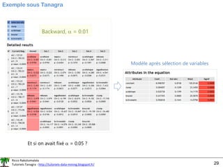 Ricco Rakotomalala
Tutoriels Tanagra - http://tutoriels-data-mining.blogspot.fr/ 29
Exemple sous Tanagra
Backward,  = 0.01
Et si on avait fixé  = 0.05 ?
Modèle après sélection de variables
 