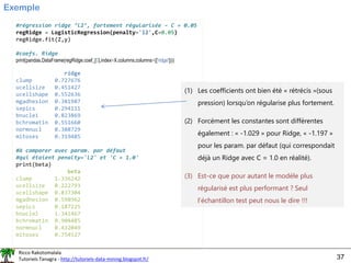 Ricco Rakotomalala
Tutoriels Tanagra - http://tutoriels-data-mining.blogspot.fr/ 37
Exemple
#régression ridge ‘l2’, fortement régularisée – C = 0.05
regRidge = LogisticRegression(penalty='l2',C=0.05)
regRidge.fit(Z,y)
#coefs. Ridge
print(pandas.DataFrame(regRidge.coef_[0],index=X.columns,columns=(['ridge'])))
ridge
clump 0.727676
ucellsize 0.451427
ucellshape 0.552636
mgadhesion 0.381987
sepics 0.294111
bnuclei 0.823869
bchromatin 0.551660
normnucl 0.388729
mitoses 0.319485
#à comparer avec param. par défaut
#qui étaient penalty='l2' et 'C = 1.0'
print(beta)
beta
clump 1.336242
ucellsize 0.222793
ucellshape 0.837304
mgadhesion 0.598962
sepics 0.187225
bnuclei 1.341467
bchromatin 0.904485
normnucl 0.432049
mitoses 0.754527
(1) Les coefficients ont bien été « rétrécis »(sous
pression) lorsqu’on régularise plus fortement.
(2) Forcément les constantes sont différentes
également : « -1.029 » pour Ridge, « -1.197 »
pour les param. par défaut (qui correspondait
déjà un Ridge avec C = 1.0 en réalité).
(3) Est-ce que pour autant le modèle plus
régularisé est plus performant ? Seul
l’échantillon test peut nous le dire !!!
 