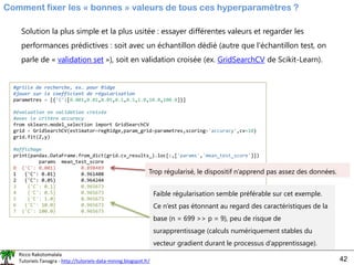 Ricco Rakotomalala
Tutoriels Tanagra - http://tutoriels-data-mining.blogspot.fr/ 42
Comment fixer les « bonnes » valeurs de tous ces hyperparamètres ?
Solution la plus simple et la plus usitée : essayer différentes valeurs et regarder les
performances prédictives : soit avec un échantillon dédié (autre que l’échantillon test, on
parle de « validation set »), soit en validation croisée (ex. GridSearchCV de Scikit-Learn).
#grille de recherche, ex. pour Ridge
#jouer sur le coefficient de régularisation
parametres = [{'C':[0.001,0.01,0.05,0.1,0.5,1.0,10.0,100.0]}]
#évaluation en validation croisée
#avec le critère accuracy
from sklearn.model_selection import GridSearchCV
grid = GridSearchCV(estimator=regRidge,param_grid=parametres,scoring='accuracy',cv=10)
grid.fit(Z,y)
#affichage
print(pandas.DataFrame.from_dict(grid.cv_results_).loc[:,['params','mean_test_score']])
params mean_test_score
0 {'C': 0.001} 0.898489
1 {'C': 0.01} 0.961408
2 {'C': 0.05} 0.964244
3 {'C': 0.1} 0.965673
4 {'C': 0.5} 0.965673
5 {'C': 1.0} 0.965673
6 {'C': 10.0} 0.965673
7 {'C': 100.0} 0.965673
Faible régularisation semble préférable sur cet exemple.
Ce n’est pas étonnant au regard des caractéristiques de la
base (n = 699 >> p = 9), peu de risque de
surapprentissage (calculs numériquement stables du
vecteur gradient durant le processus d’apprentissage).
Trop régularisé, le dispositif n’apprend pas assez des données.
 