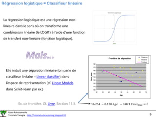 Ricco Rakotomalala
Tutoriels Tanagra - http://tutoriels-data-mining.blogspot.fr/ 9
Régression logistique = Classifieur linéaire
La régression logistique est une régression non-
linéaire dans le sens où on transforme une
combinaison linéaire (le LOGIT) à l’aide d’une fonction
de transfert non-linéaire (fonction logistique).
0
0.5
1
LOGIT
Fonction Logistique
Elle induit une séparation linéaire (on parle de
classifieur linéaire – Linear classifier) dans
l’espace de représentation (cf. Linear Models
dans Scikit-learn par ex.)
Frontière de séparation
100
110
120
130
140
150
160
170
180
30 35 40 45 50 55 60 65 70
Age
Taux_max
Presence
Absence
Frontiere
16.254 − 0.120 𝐴𝑔𝑒 − 0.074 𝑇𝑎𝑢𝑥𝑀𝑎𝑥 = 0
Ex. de frontière. Cf. Livre, Section 11.3.
 