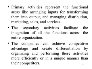 Primary activities represent the functional areas like arranging inputs for transforming them into output, and managing distribution, marketing, sales, and services. The secondary activities facilitate the integration of all the functions across the entire organization. The companies can achieve competitive advantage and create differentiation by organizing and performing these activities more efficiently or in a unique manner than their competitors.  