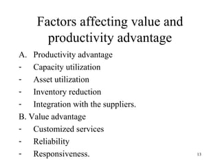 Factors affecting value and productivity advantage Productivity advantage Capacity utilization Asset utilization Inventory reduction Integration with the suppliers. B. Value advantage Customized services Reliability Responsiveness. 