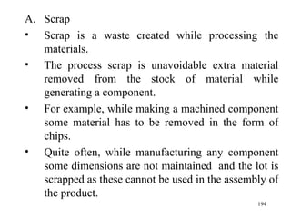 Scrap Scrap is a waste created while processing the materials. The process scrap is unavoidable extra material removed from the stock of material while generating a component. For example, while making a machined component some material has to be removed in the form of chips. Quite often, while manufacturing any component some dimensions are not maintained  and the lot is scrapped as these cannot be used in the assembly of the product. 