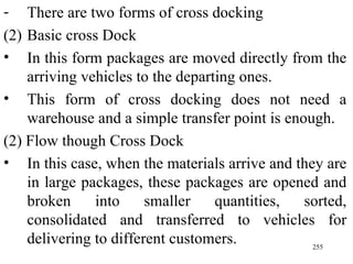There are two forms of cross docking Basic cross Dock In this form packages are moved directly from the arriving vehicles to the departing ones. This form of cross docking does not need a warehouse and a simple transfer point is enough. (2) Flow though Cross Dock In this case, when the materials arrive and they are in large packages, these packages are opened and broken into smaller quantities, sorted, consolidated and transferred to vehicles for delivering to different customers. 