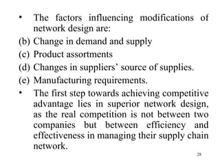The factors influencing modifications of network design are: Change in demand and supply Product assortments Changes in suppliers’ source of supplies. Manufacturing requirements. The first step towards achieving competitive advantage lies in superior network design, as the real competition is not between two companies but between efficiency and effectiveness in managing their supply chain network. 