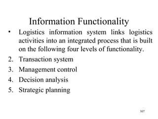 Information Functionality Logistics information system links logistics activities into an integrated process that is built on the following four levels of functionality. Transaction system Management control Decision analysis Strategic planning 