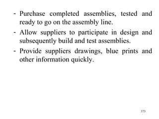Purchase completed assemblies, tested and ready to go on the assembly line. Allow suppliers to participate in design and subsequently build and test assemblies. Provide suppliers drawings, blue prints and other information quickly. 