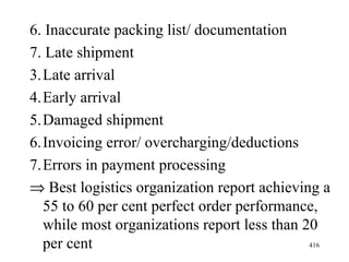 6. Inaccurate packing list/ documentation 7. Late shipment Late arrival Early arrival Damaged shipment Invoicing error/ overcharging/deductions Errors in payment processing    Best logistics organization report achieving a 55 to 60 per cent perfect order performance, while most organizations report less than 20 per cent  