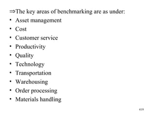 The key areas of benchmarking are as under: Asset management Cost Customer service Productivity Quality Technology Transportation Warehousing Order processing Materials handling 