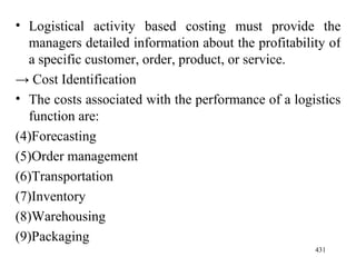 Logistical activity based costing must provide the managers detailed information about the profitability of a specific customer, order, product, or service. ->  Cost Identification The costs associated with the performance of a logistics function are: Forecasting Order management Transportation Inventory Warehousing Packaging 
