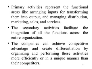<ul><li>Primary activities represent the functional areas like arranging inputs for transforming them into output, and man...
