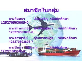 สมาชิกในกลุ่ม นางจันทนา  เสียงเจริญ รหัสนักศึกษา  125270503005-0 นางสาวกนกอร  พงศ์ภัคชุติมา รหัสนักศึกษา  125270503006-8 นางสาวสุวรีย์  ภู่จินดาตระกูล รหัสนักศึกษา  125270503808-7 นางปัทมา  วิชิตะกุล รหัสนักศึกษา  125270503010-0 