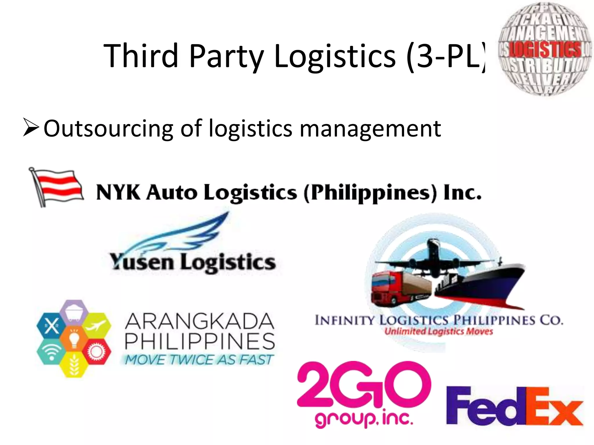 Outsourcing of logistics management
Third Party Logistics (3-PL)
 