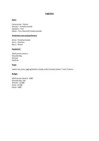 Logistics
Roles
Cameraman – Dianni
Director– TimothyLitondo
Speakers – Timi
Editor– Timi,Dianni &TimothyLitondo
Production...