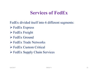Services of FedEx
FedEx divided itself into 6 different segments:
 FedEx Express
 FedEx Freight
 FedEx Ground
 FedEx Trade Networks
 FedEx Custom Critical
 FedEx Supply Chain Services
9/4/2017 25GROUP 1
 