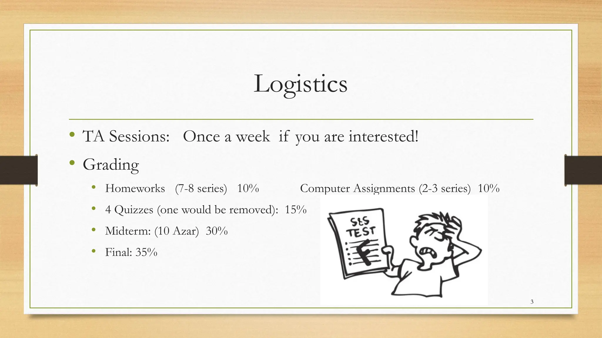 3
Logistics
• TA Sessions: Once a week if you are interested!
• Grading
• Homeworks (7-8 series) 10% Computer Assignments (2-3 series) 10%
• 4 Quizzes (one would be removed): 15%
• Midterm: (10 Azar) 30%
• Final: 35%
 
