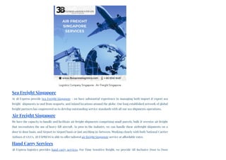 Sea Freight Singapore
At 3B Express provide Sea Freight Singapore – we have substantial experience in managing both import & export sea
freight  shipments to and from seaports, and inland locations around the globe. Our long established network of global
freight partners has empowered us to develop outstanding service standards with all our sea shipments operations.
Air Freight Singapore
We have the capacity to handle and facilitate air freight shipments comprising small parcels, bulk & oversize air freight
that necessitates the use of heavy-lift aircraft. As pros in the industry, we can handle these airfreight shipments on a
door to door basis, and Airport to Airport basis or just anything in-between. Working closely with both National Carrier
Airlines & GSA’s, 3B EXPRESS is able to offer tailored air freight Singapore service at affordable rates.
Hand Carry Services
3B Express logistics provides hand carry services. For Time Sensitive freight, we provide All-Inclusive Door to Door
Logistics Company Singapore - Air Freight Singapore
 