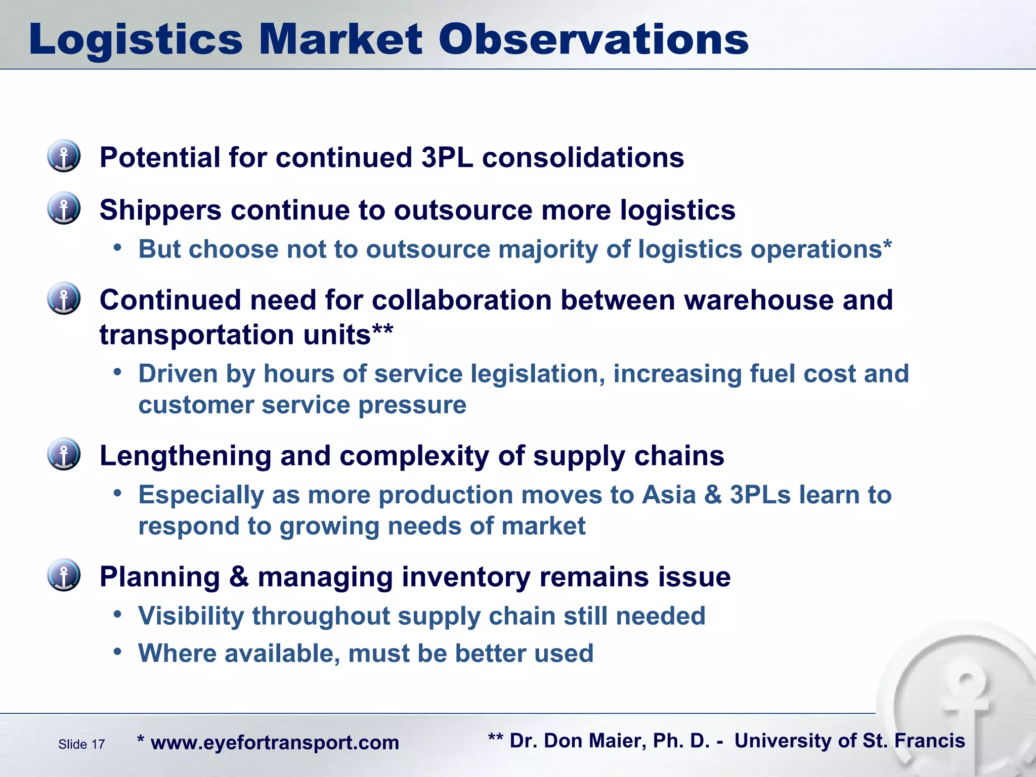 Logistics Market Observations Potential for continued 3PL consolidations Shippers continue to outsource more logistics But choose not to outsource majority of logistics operations* Continued need for collaboration between warehouse and transportation units** Driven by hours of service legislation, increasing fuel cost and customer service pressure Lengthening and complexity of supply chains Especially as more production moves to Asia & 3PLs learn to respond to growing needs of market  Planning & managing inventory remains issue Visibility throughout supply chain still needed  Where available, must be better used * www.eyefortransport.com ** Dr. Don Maier, Ph. D. -  University of St. Francis 