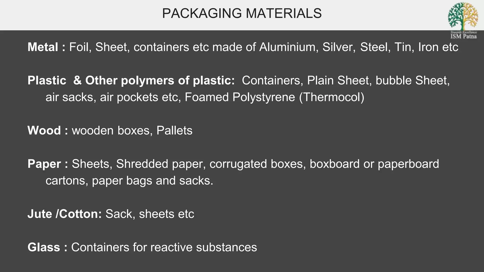 PACKAGING MATERIALS
Metal : Foil, Sheet, containers etc made of Aluminium, Silver, Steel, Tin, Iron etc
Plastic & Other polymers of plastic: Containers, Plain Sheet, bubble Sheet,
air sacks, air pockets etc, Foamed Polystyrene (Thermocol)
Wood : wooden boxes, Pallets
Paper : Sheets, Shredded paper, corrugated boxes, boxboard or paperboard
cartons, paper bags and sacks.
Jute /Cotton: Sack, sheets etc
Glass : Containers for reactive substances
 