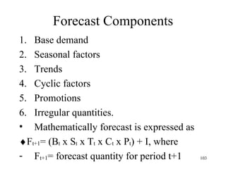 Forecast Components Base demand Seasonal factors Trends Cyclic factors Promotions Irregular quantities. Mathematically forecast is expressed as  F t+1 = (B t  x S t  x T t  x C t  x P t ) + I, where F t+1 = forecast quantity for period t+1 