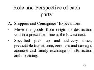 Role and Perspective of each party Shippers and Consignees’ Expectations Move the goods from origin to destination within a prescribed time at the lowest cost. Specified pick up and delivery times, predictable transit time, zero loss and damage, accurate and timely exchange of information and invoicing. 