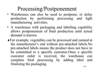 Processing/Postponement Warehouses can also be used to postpone, or delay production by performing processing and light manufacturing  activities. A warehouse with packaging and labelling capability allows postponement of final production until actual demand is known.  For example, vegetables can be processed and canned at the manufacturer’s end without pre-attached labels.No pre-attached labels means the product does not have to be committed to a specific customer.Once a specific customer order is received, the warehouse can complete final processing by adding label and finalizing the packaging.  