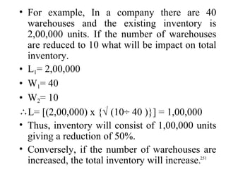 For example, In a company there are 40 warehouses and the existing inventory is 2,00,000 units. If the number of warehouses are reduced to 10 what will be impact on total inventory. L 1 = 2,00,000 W 1 = 40  W 2 = 10 L= [(2,00,000) x {   (10 ÷ 40 )}] = 1,00,000  Thus, inventory will consist of 1,00,000 units giving a reduction of 50%. Conversely, if the number of warehouses are increased, the total inventory will increase. 