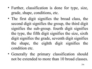 Further, classification is done for type, size, grade, shape, conditions, etc. The first digit signifies the broad class, the second digit signifies the group, the third digit signifies the sub-group. fourth digit signifies the type, the fifth digit signifies the size, sixth digit signifies the grade, seventh digit signifies the shape, the eighth digit signifies the condition etc. Generally the primary classification should not be extended to more than 10 broad classes. 