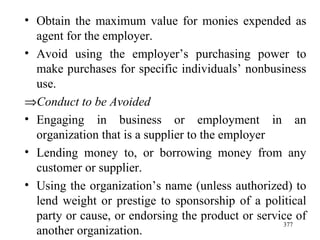 Obtain the maximum value for monies expended as agent for the employer. Avoid using the employer’s purchasing power to make purchases for specific individuals’ nonbusiness use.   Conduct to be Avoided Engaging in business or employment in an organization that is a supplier to the employer  Lending money to, or borrowing money from any customer or supplier. Using the organization’s name (unless authorized) to lend weight or prestige to sponsorship of a political party or cause, or endorsing the product or service of another organization.  
