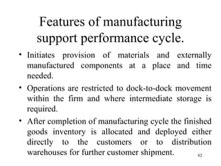 Features of manufacturing support performance cycle. Initiates provision of materials and externally manufactured components at a place and time needed. Operations are restricted to dock-to-dock movement within the firm and where intermediate storage is required. After completion of manufacturing cycle the finished goods inventory is allocated and deployed either directly to the customers or to distribution warehouses for further customer shipment. 