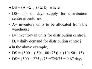  DS = (A +   I j  )   /    D j ,   where DS= no. of days supply for distribution centre inventories. A= inventory units to be allocated from the warehouse I j = inventory in units for distribution centre j. D j  = daily demand for distribution centre j  In the above example, DS = {500 + ( 50+100+75)} /  (10+50+ 15) DS= {500 + 225} /75 =725/75 = 9.67 days 