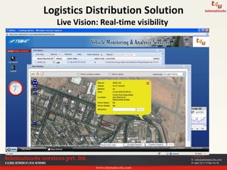 www.telematics4u.com
Contact Us
E: info@telematics4u.com
P: 080 2217 9700/76/78
Logistics Distribution Solution
Live Vision: Real-time visibility
 