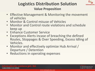 www.telematics4u.com
Contact Us
E: info@telematics4u.com
P: 080 2217 9700/76/78
Logistics Distribution Solution
Value Proposition
• Effective Management & Monitoring the movement
of vehicles
• Monitor & Control misuse of Vehicles
• Monitor and Control route violations and schedule
keep up
• Enhance Customer Service
• Exceptions Alerts incase of breaching the defined
Routes, Stoppages & Over Speeding, Excess Idling of
Vehicles.
• Monitor and effectively optimize Hub Arrival /
Departure / Detention
• Reductions in operating expenses
 