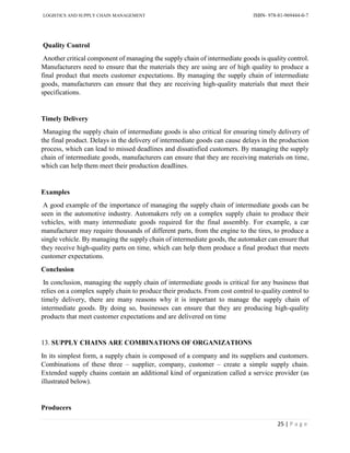 LOGISTICS AND SUPPLY CHAIN MANAGEMENT ISBN- 978-81-969444-0-7
25 | P a g e
Quality Control
Another critical component of managing the supply chain of intermediate goods is quality control.
Manufacturers need to ensure that the materials they are using are of high quality to produce a
final product that meets customer expectations. By managing the supply chain of intermediate
goods, manufacturers can ensure that they are receiving high-quality materials that meet their
specifications.
Timely Delivery
Managing the supply chain of intermediate goods is also critical for ensuring timely delivery of
the final product. Delays in the delivery of intermediate goods can cause delays in the production
process, which can lead to missed deadlines and dissatisfied customers. By managing the supply
chain of intermediate goods, manufacturers can ensure that they are receiving materials on time,
which can help them meet their production deadlines.
Examples
A good example of the importance of managing the supply chain of intermediate goods can be
seen in the automotive industry. Automakers rely on a complex supply chain to produce their
vehicles, with many intermediate goods required for the final assembly. For example, a car
manufacturer may require thousands of different parts, from the engine to the tires, to produce a
single vehicle. By managing the supply chain of intermediate goods, the automaker can ensure that
they receive high-quality parts on time, which can help them produce a final product that meets
customer expectations.
Conclusion
In conclusion, managing the supply chain of intermediate goods is critical for any business that
relies on a complex supply chain to produce their products. From cost control to quality control to
timely delivery, there are many reasons why it is important to manage the supply chain of
intermediate goods. By doing so, businesses can ensure that they are producing high-quality
products that meet customer expectations and are delivered on time
13. SUPPLY CHAINS ARE COMBINATIONS OF ORGANIZATIONS
In its simplest form, a supply chain is composed of a company and its suppliers and customers.
Combinations of these three – supplier, company, customer – create a simple supply chain.
Extended supply chains contain an additional kind of organization called a service provider (as
illustrated below).
Producers
 