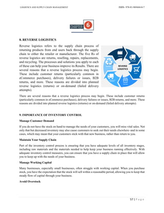 LOGISTICS AND SUPPLY CHAIN MANAGEMENT ISBN- 978-81-969444-0-7
57 | P a g e
8. REVERSE LOGISTICS
Reverse logistics refers to the supply chain process of
returning products from end users back through the supply
chain to either the retailer or manufacturer. The five Rs of
reverse logistics are returns, reselling, repairs, replacements,
and recycling. The processes and solutions you apply to each
of these can help your business improve its Results. There are
several reasons that a reverse logistics process may begin.
These include customer returns (particularly common in
eCommerce purchases), delivery failures or issues, B2B
returns, and more. These reasons are divided into planned
reverse logistics (returns) or on-demand (failed delivery
attempts).
There are several reasons that a reverse logistics process may begin. These include customer returns
(particularly common in eCommerce purchases), delivery failures or issues, B2B returns, and more. These
reasons are divided into planned reverse logistics (returns) or on-demand (failed delivery attempts).
9. IMPORTANCE OF INVENTORY CONTROL
Manage Customer Demand
If you do not have the stock on hand to manage the needs of your customers, you will miss vital sales. Not
only that but decreased inventory may also cause customers to seek out their needs elsewhere–and in some
cases, which may mean that your customers stick with that new business, rather than return to you.
Maintain Your Supply Chain
Part of the inventory control process is ensuring that you have adequate levels of all inventory stages,
including raw materials and the materials needed to help keep your business running effectively. With
adequate inventory control measures, you can ensure that you have a supply chain in place that will allow
you to keep up with the needs of your business.
Manage Working Capital
Many businesses, especially small businesses, often struggle with working capital. When you purchase
stock, you have the expectation that the stock will sell within a reasonable period, allowing you to keep that
steady flow of capital through your business.
Avoid Overstock
 