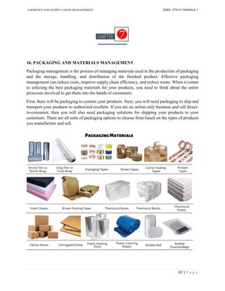 LOGISTICS AND SUPPLY CHAIN MANAGEMENT ISBN- 978-81-969444-0-7
67 | P a g e
16. PACKAGING AND MATERIALS MANAGEMENT
Packaging management is the process of managing materials used in the production of packaging
and the storage, handling, and distribution of the finished product. Effective packaging
management can reduce costs, improve supply chain efficiency, and reduce waste. When it comes
to selecting the best packaging materials for your products, you need to think about the entire
processes involved to get them into the hands of consumers.
First, there will be packaging to contain your products. Next, you will need packaging to ship and
transport your products to authorized resellers. If you are an online-only business and sell direct-
to-consumer, then you will also need packaging solutions for shipping your products to your
customers. There are all sorts of packaging options to choose from based on the types of products
you manufacture and sell.
 