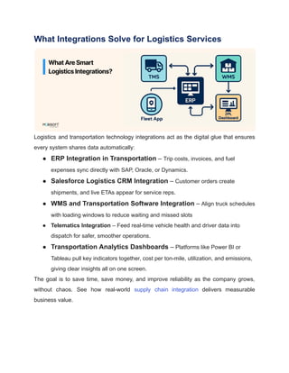 What Integrations Solve for Logistics Services
Logistics and transportation technology integrations act as the digital glue that ensures
every system shares data automatically:
●​ ERP Integration in Transportation – Trip costs, invoices, and fuel
expenses sync directly with SAP, Oracle, or Dynamics.
●​ Salesforce Logistics CRM Integration – Customer orders create
shipments, and live ETAs appear for service reps.
●​ WMS and Transportation Software Integration – Align truck schedules
with loading windows to reduce waiting and missed slots
●​ Telematics Integration – Feed real-time vehicle health and driver data into
dispatch for safer, smoother operations.
●​ Transportation Analytics Dashboards – Platforms like Power BI or
Tableau pull key indicators together, cost per ton-mile, utilization, and emissions,
giving clear insights all on one screen.
The goal is to save time, save money, and improve reliability as the company grows,
without chaos. See how real-world supply chain integration delivers measurable
business value.
 