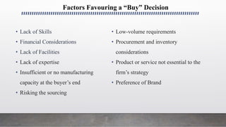 Factors Favouring a “Buy” Decision
• Lack of Skills
• Financial Considerations
• Lack of Facilities
• Lack of expertise
• Insufficient or no manufacturing
capacity at the buyer’s end
• Risking the sourcing
• Low-volume requirements
• Procurement and inventory
considerations
• Product or service not essential to the
firm’s strategy
• Preference of Brand
 