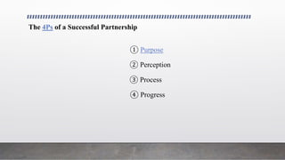 The 4Ps of a Successful Partnership
① Purpose
② Perception
③ Process
④ Progress
 